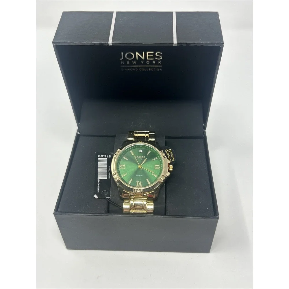 NIB Jones New York Diamond Collection Gold Tone Green Face Genuine Diamond